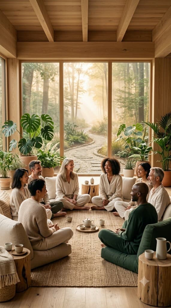 Diverse group gathered in a circle for a calm wellness session overlooking a forest