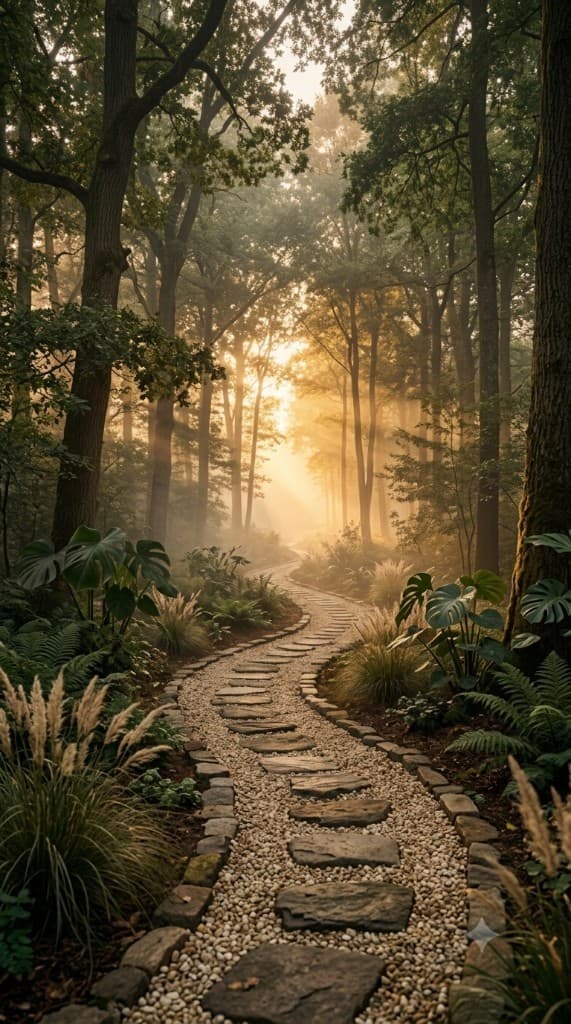 Sunlit stone path winding through a lush forest